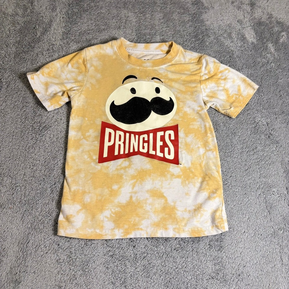 Pringles Tie Dye Graphic T-Shirt Yellow White Mr P Mustache Logo Kids Size 4